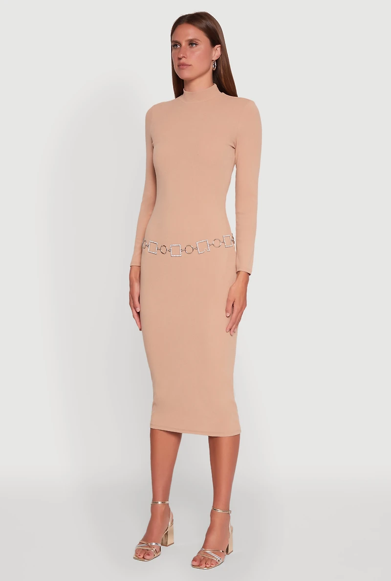 Womens Long Sleeve Mock Neck Midi Dress, Beige,