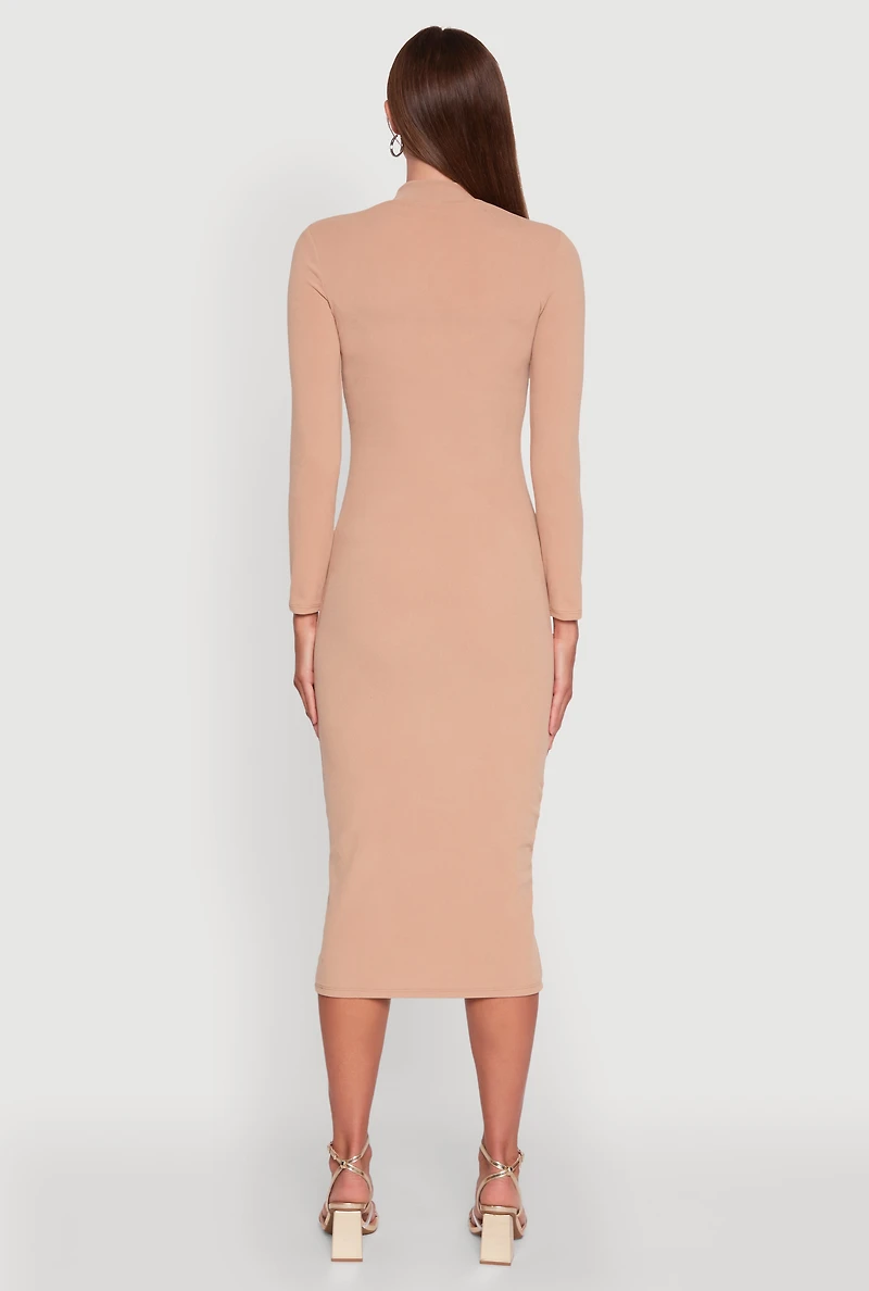 Womens Long Sleeve Mock Neck Midi Dress, Beige, Size S