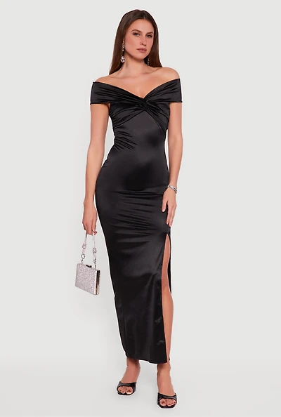 Twist Front Side Slit Satin Maxi Dress