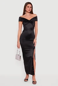 Twist Front Side Slit Satin Maxi Dress