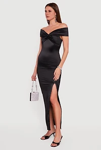 Twist Front Side Slit Satin Maxi Dress