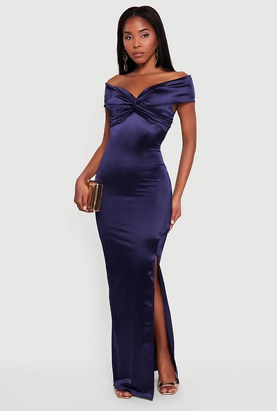 Twist Front Side Slit Satin Maxi Dress
