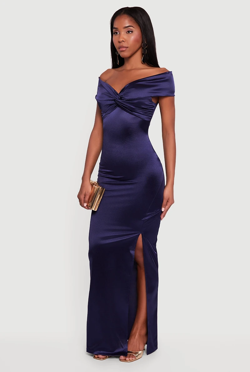 Twist Front Side Slit Satin Maxi Dress
