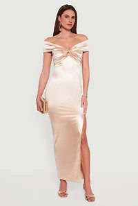 Twist Front Side Slit Satin Maxi Dress