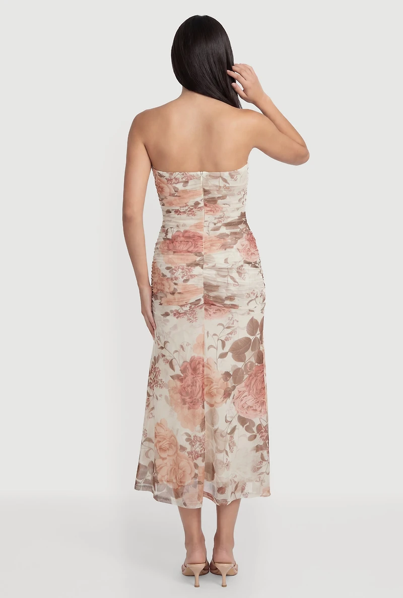 Floral Ruched Mesh Strapless Dress