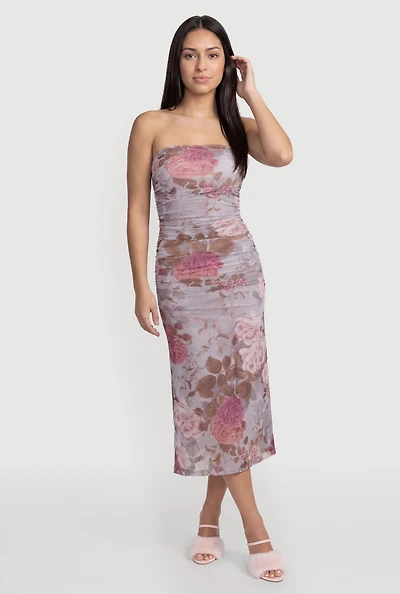 Floral Ruched Mesh Strapless Dress