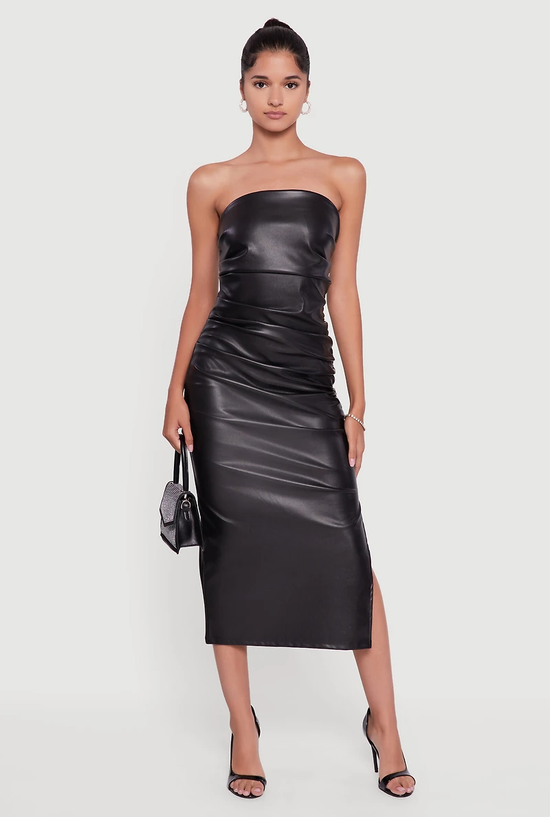 Faux Leather Side Slit Ruched Midi Tube Dress