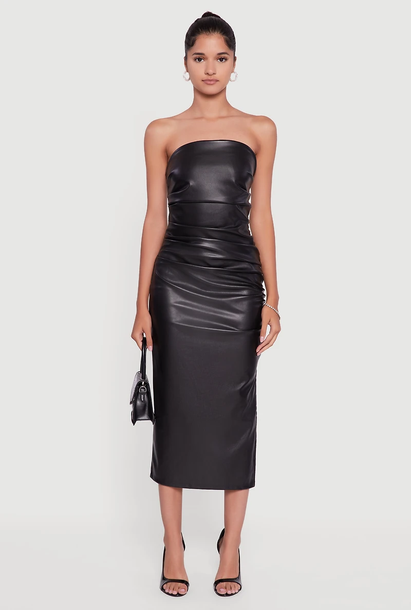 Womens Faux Leather Side Slit Ruched Midi Tube Dress, Black, Size M