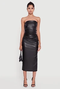 Womens Faux Leather Side Slit Ruched Midi Tube Dress, Black, Size M