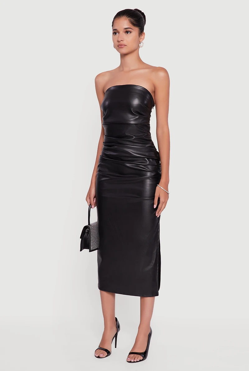 Womens Faux Leather Side Slit Ruched Midi Tube Dress, Black, Size M