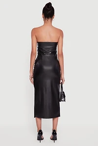 Womens Faux Leather Side Slit Ruched Midi Tube Dress, Black, Size M