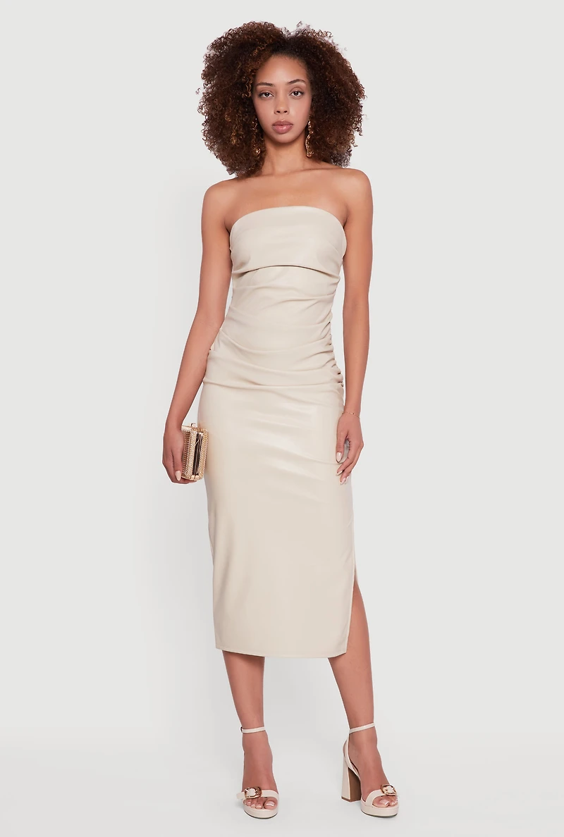 Womens Faux Leather Side Slit Ruched Midi Tube Dress, Beige, Size S