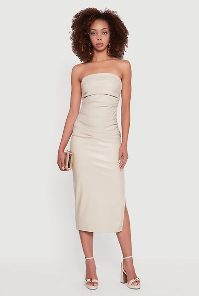 Womens Faux Leather Side Slit Ruched Midi Tube Dress, Beige, Size S