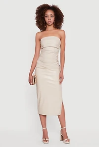 Womens Faux Leather Side Slit Ruched Midi Tube Dress, Beige, Size S