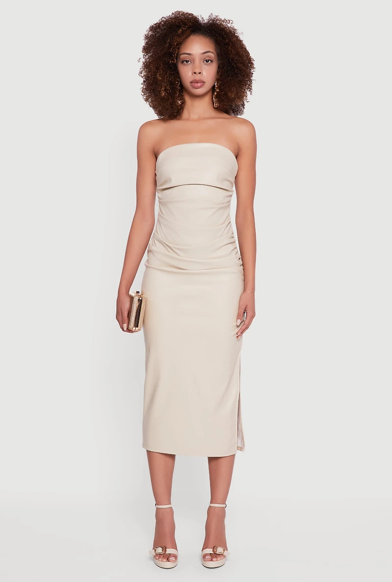 Womens Faux Leather Side Slit Ruched Midi Tube Dress, Beige, Size S