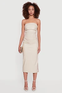 Womens Faux Leather Side Slit Ruched Midi Tube Dress, Beige, Size S