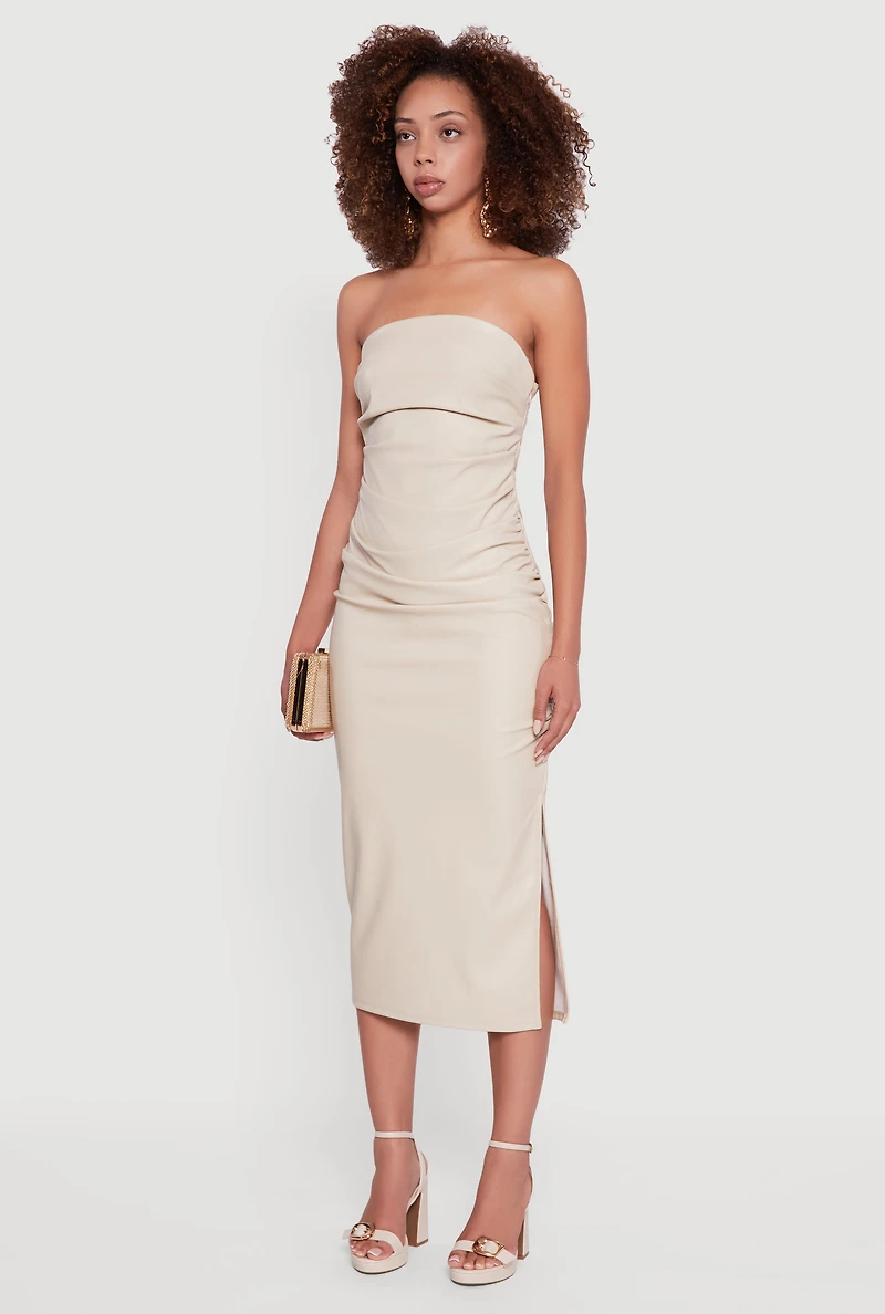 Womens Faux Leather Side Slit Ruched Midi Tube Dress, Beige, Size S