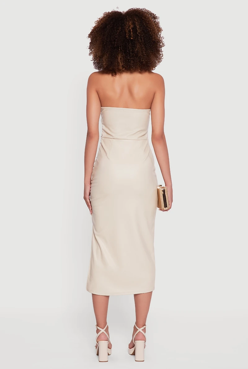 Womens Faux Leather Side Slit Ruched Midi Tube Dress, Beige, Size S
