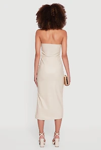 Womens Faux Leather Side Slit Ruched Midi Tube Dress, Beige, Size S