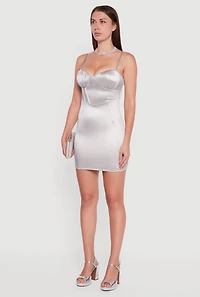 Womens Satin Sleeveless Sweetheart Bustier Dress, Grey, Size M
