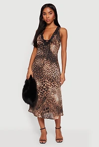 Lace Trim Animal Print Mesh Overlay Midi Dress