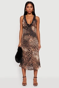 Lace Trim Animal Print Mesh Overlay Midi Dress