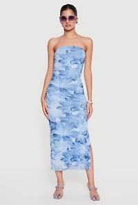 Floral Mesh Ruched Strapless Dress with Side Slit
