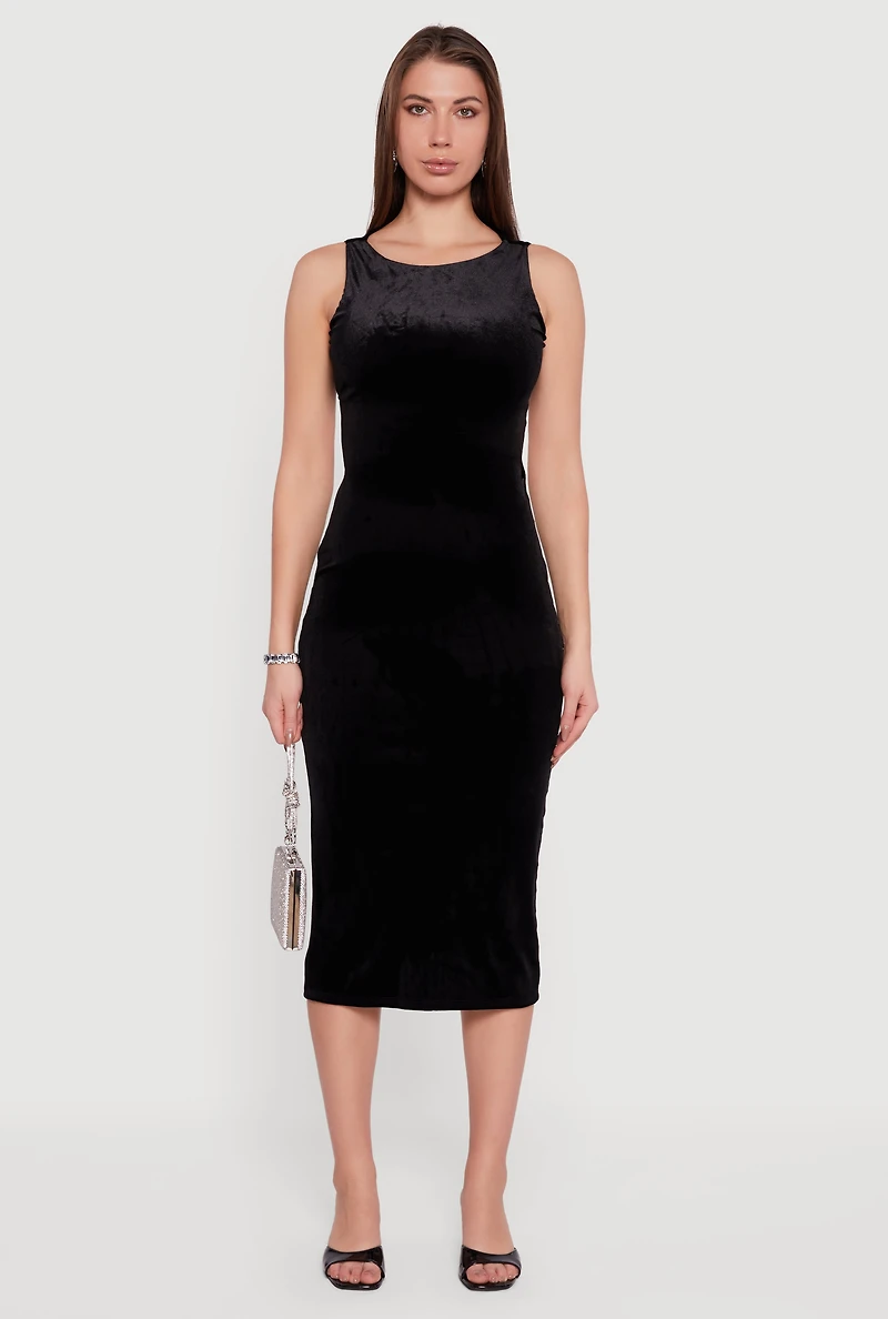 Womens Velvet Boat Neck Keyhole Back Midi Dress,