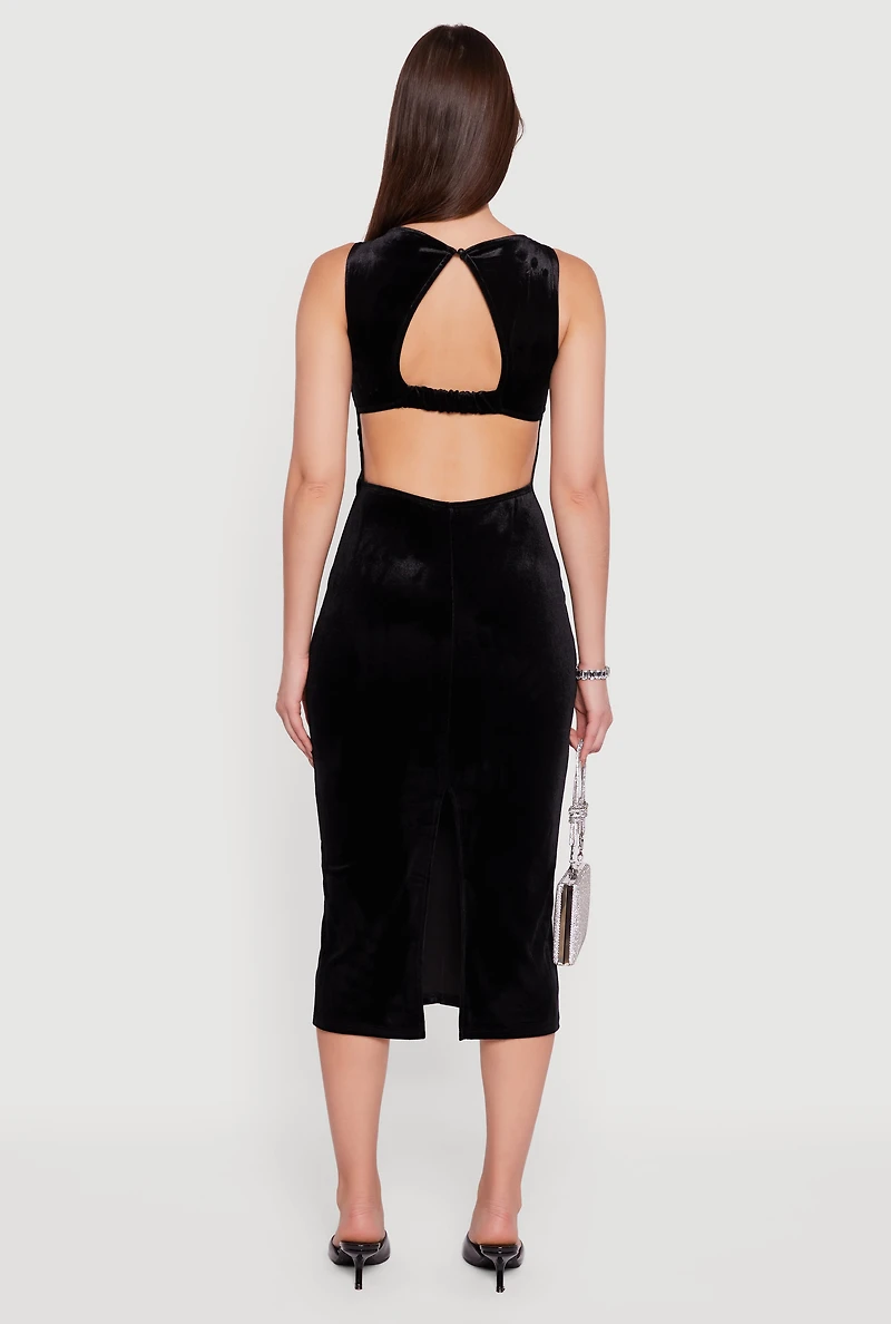 Velvet Boat Neck Keyhole Back Midi Dress