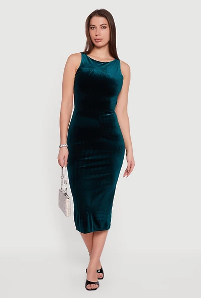Velvet Boat Neck Keyhole Back Midi Dress