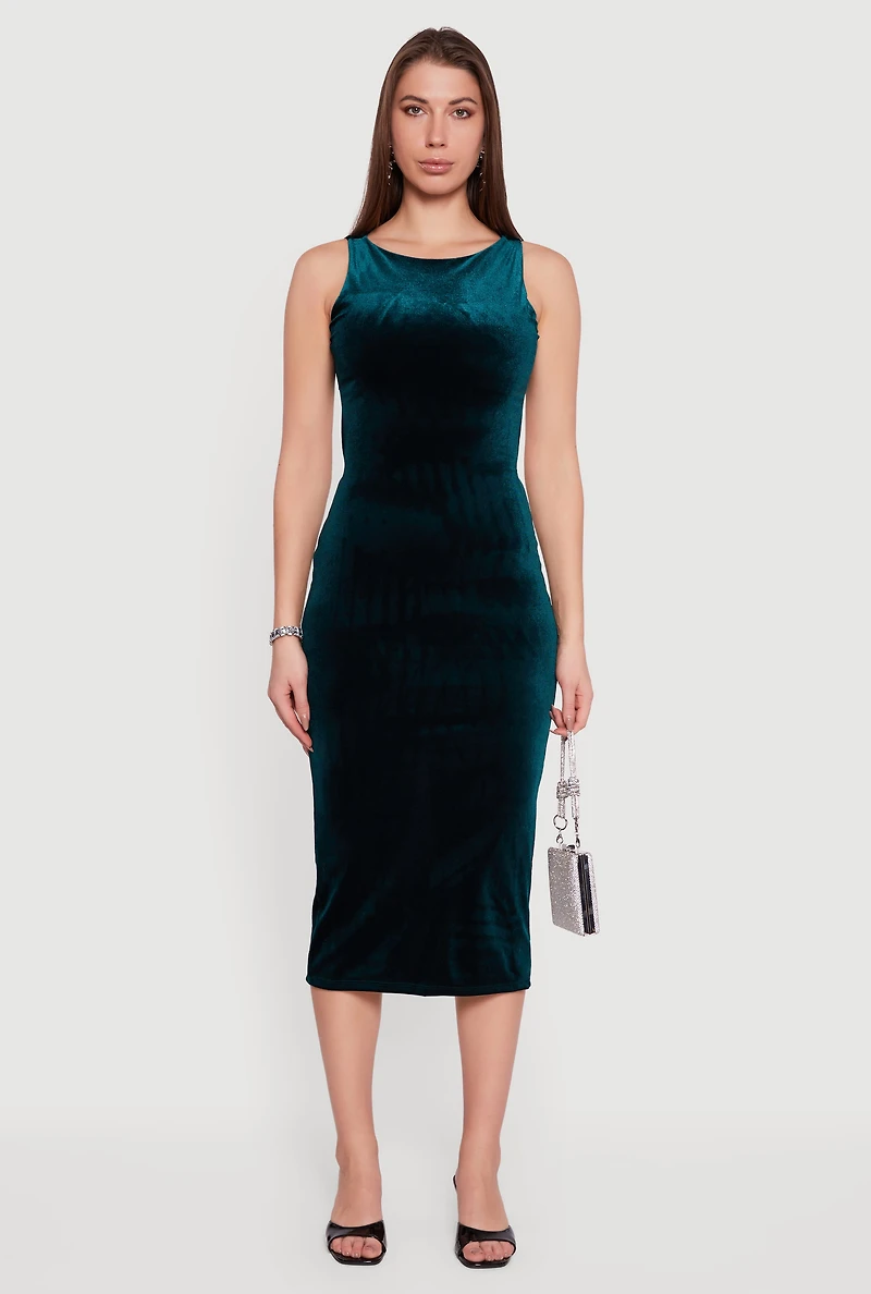 Velvet Boat Neck Keyhole Back Midi Dress