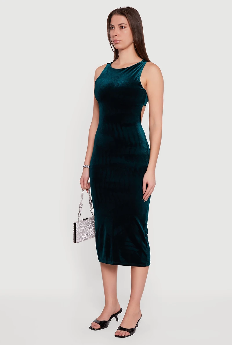 Velvet Boat Neck Keyhole Back Midi Dress