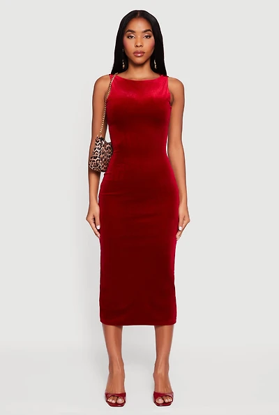 Velvet Boat Neck Keyhole Back Midi Dress