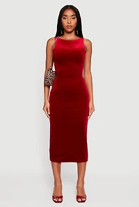 Velvet Boat Neck Keyhole Back Midi Dress
