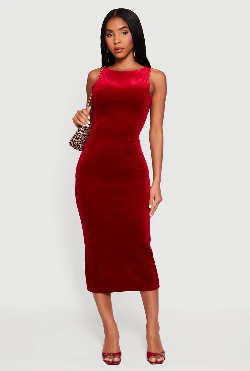 Velvet Boat Neck Keyhole Back Midi Dress