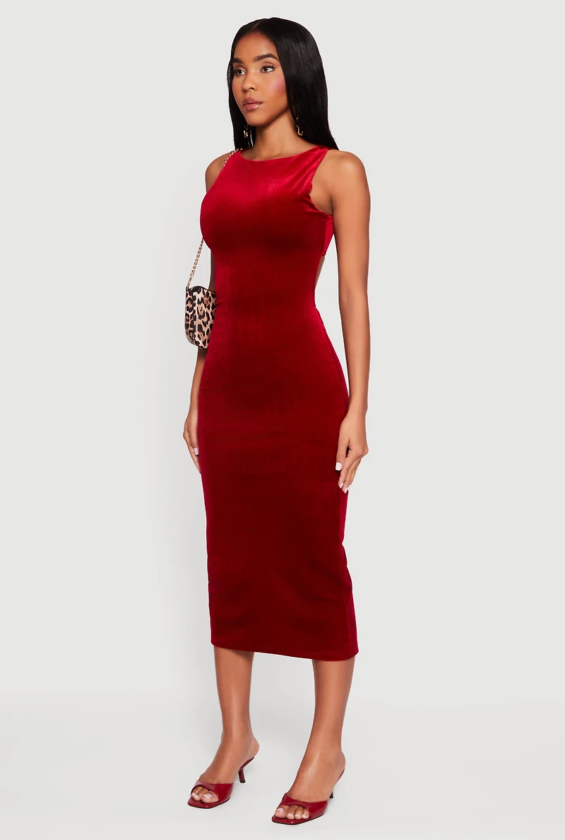 Velvet Boat Neck Keyhole Back Midi Dress