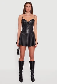 Womens Faux Leather Lace Up Bustier Skater Dress, Black, Size S