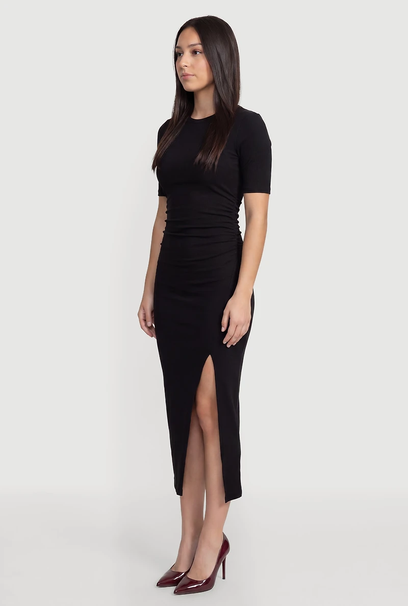 Ribbed Knit Crew Neck Short Sleeve Dress with Side Slit
