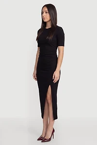 Ribbed Knit Crew Neck Short Sleeve Dress with Side Slit