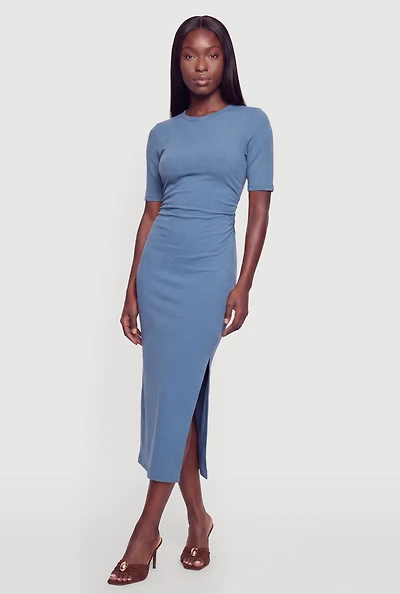 Ribbed Knit Crew Neck Short Sleeve Dress with Side Slit