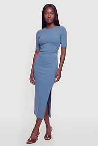 Ribbed Knit Crew Neck Short Sleeve Dress with Side Slit
