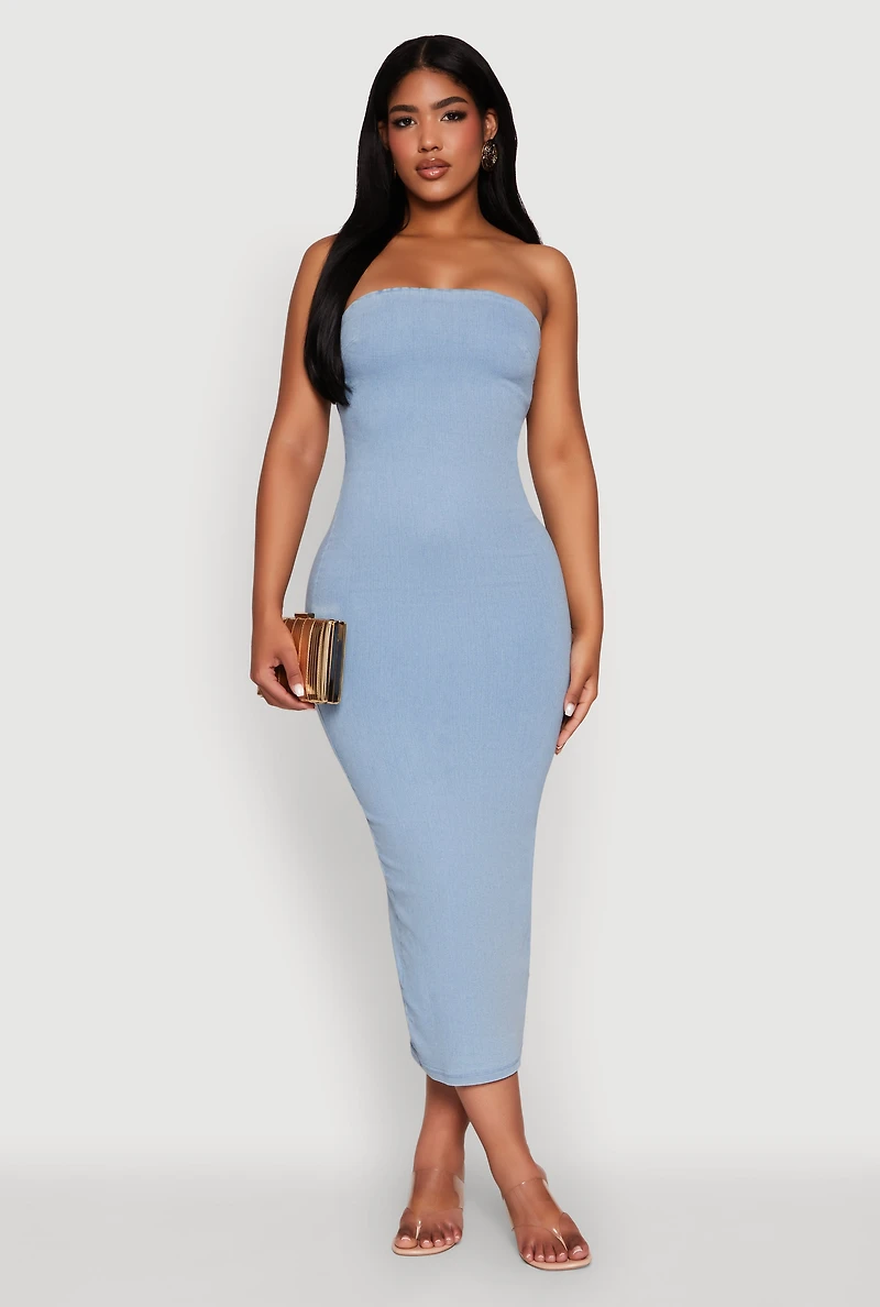Womens Haute Monde Denim Slit Back Tube Dress, Blue,