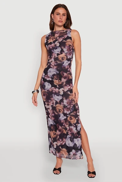 Womens Haute Monde Side Ruched Floral Mesh Dress, Multi, Size S