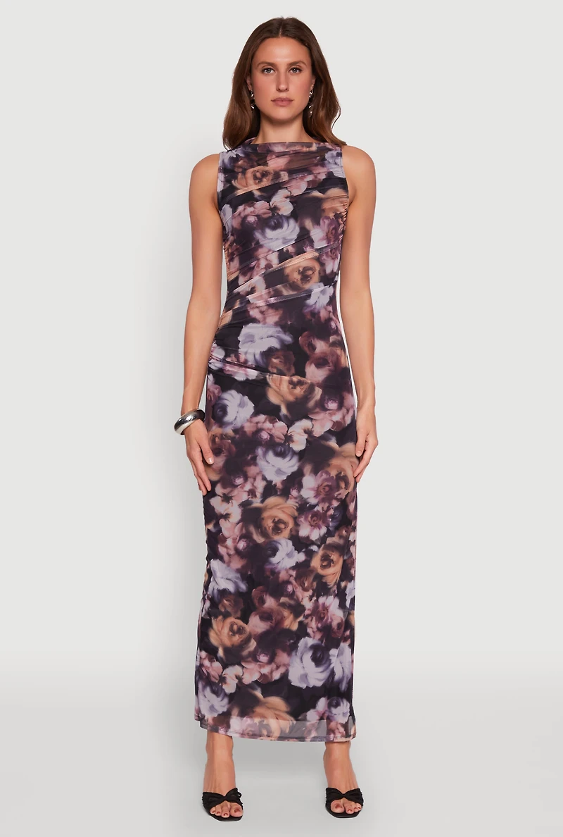 Womens Haute Monde Side Ruched Floral Mesh Dress, Multi, Size L