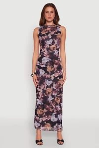 Womens Haute Monde Side Ruched Floral Mesh Dress, Multi, Size L
