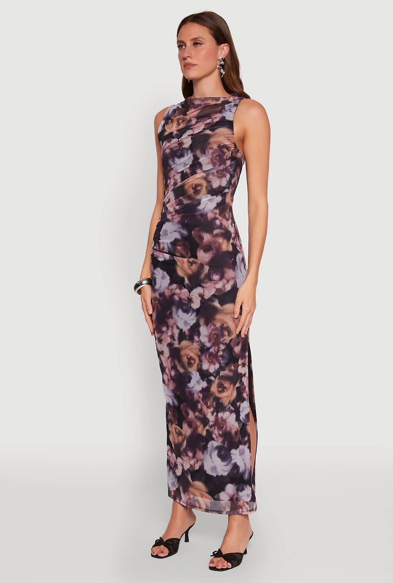Haute Monde Side Ruched Floral Mesh Dress