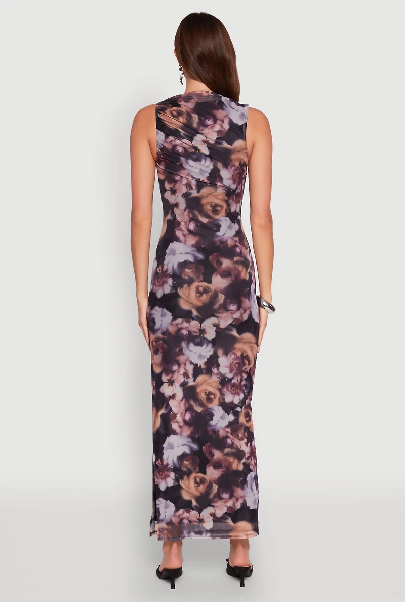 Womens Haute Monde Side Ruched Floral Mesh Dress, Multi, Size L
