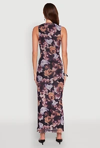 Haute Monde Side Ruched Floral Mesh Dress