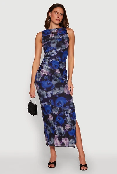 Womens Haute Monde Side Ruched Floral Mesh Dress, Multi, Size M