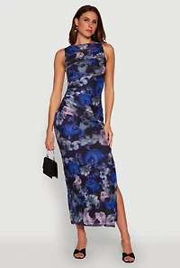 Womens Haute Monde Side Ruched Floral Mesh Dress, Blue, Size S